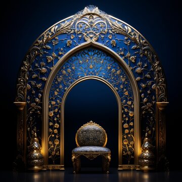 Stage Design Indian and Arabic Style Blue Sofa Golden Color Black Background Minimalist LED Wall VJ Created with Generative AI Technology	