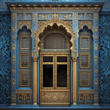 Door Design Indian and Arabic Style Blue Golden Color LED Wall VJ Created with Generative AI Technology	