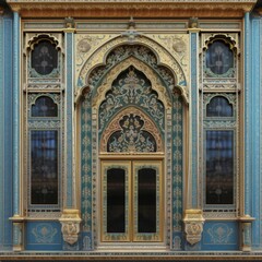 Obraz premium Door Design Indian and Arabic Style Blue Golden Yellow Black Background Color LED Wall VJ Created with Generative AI Technology