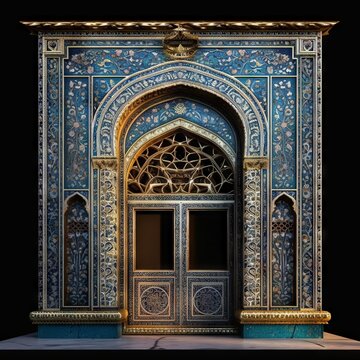 Door Design Indian and Arabic Style Blue Golden Color Black Background Minimalist LED Wall VJ Created with Generative AI Technology	