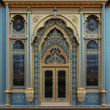 Door Design Indian and Arabic Style Blue Golden Yellow Black Background Color LED Wall VJ Created with Generative AI Technology