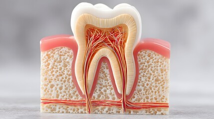 Detailed cross-section model illustrating the internal structure of a single human tooth and supporting jawbone