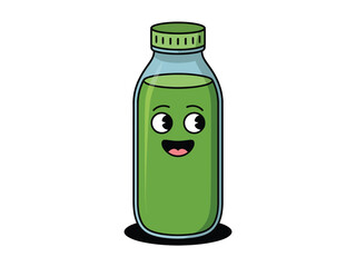 Fototapeta premium A happy cartoon bottle of green juice with a smiling face is ready to be consumed.