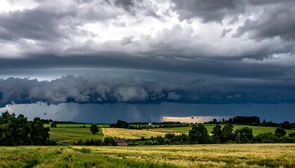 Naklejka premium Dramatic landscape of a field with storm clouds overhead