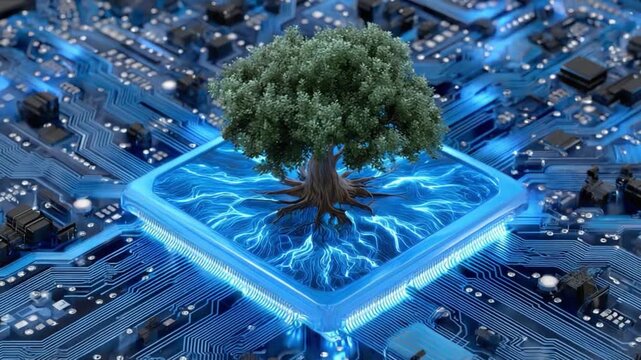 Digital Tree: A vibrant tree, symbolizing the confluence of nature and technology, flourishes atop a circuit board. This image portrays the evolving relationship between environment and progress.