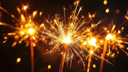 Obraz premium Sparkler Fireworks Creating Bright Light Trails in Dark Background for Celebrations, New Year, Parties, and Festive Occasions with Golden Sparks