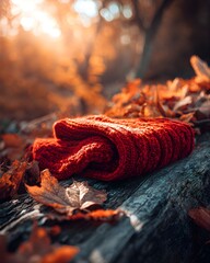 Warm Knitted Red Scarf Forgotten on a Sunlit Rustic Park