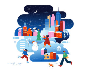 Winter in the city colorful geometric Christmas background.