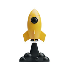 Bright yellow 3d cartoon rocket ship launching with smoke isolated on transparent background