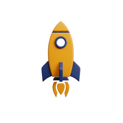 Yellow and blue 3d cartoon rocket ship launching with fiery exhaust isolated on transparent background
