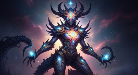 Mysterious dark warrior with glowing energy in cosmic background