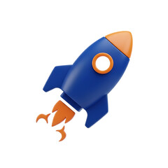 Blue 3d cartoon rocket ship with orange flames launching into space isolated on transparent background