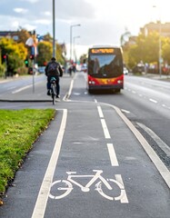 A cyclist in the bike lane, a bus and other vehicles on a street