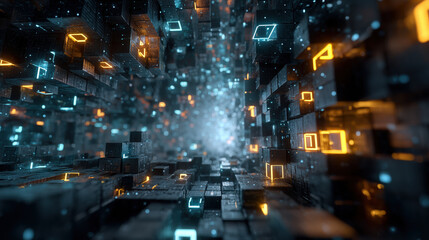 Futuristic quantum computing visualization with glowing digital cubes, abstract technology background, immersive and dynamic atmosphere