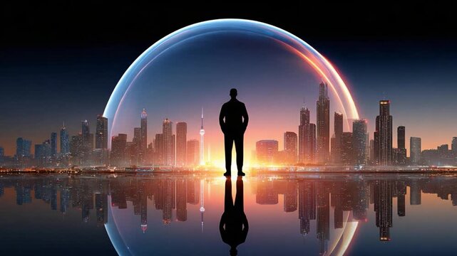 Urban Silhouette: A solitary figure stands tall, silhouetted against a futuristic cityscape, encapsulated by an ethereal energy field. It's a statement about progress and innovation.