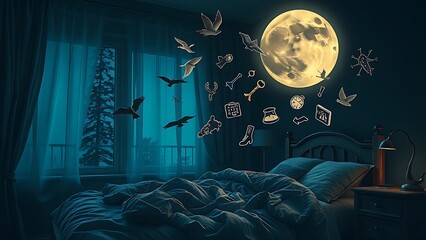 sleeper. Moonlit bedroom fragmented with floating dream symbols above a restless sleeper. wellbeing guides, coaching materials, designed for mental health education and mindfulness programs.