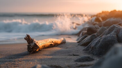 Weathered piece of wood rests on dark sand near crashing ocean waves during sunset