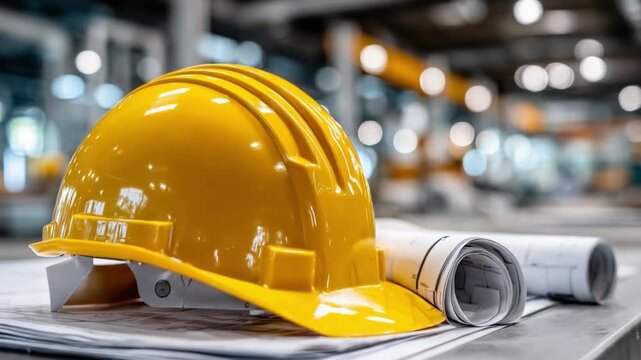 Engineering Plans and Yellow Protective Hat: An eye-level shot captures a bright yellow protective helmet resting on engineering plans, symbolizing construction and engineering.
