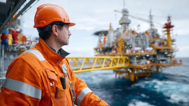 Guardian of the Deep: A steadfast engineer in vibrant orange protective gear, stands vigilant, gazing toward an offshore oil rig with unwavering focus.