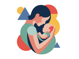 A mother lovingly holds her baby, symbolizing nurture and family bonds with abstract shapes in the background.