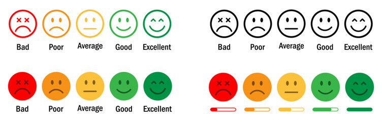 Colorful emoji faces representing customer satisfaction levels from bad to excellent with progress bars. Ideal for surveys, reviews, feedback forms, and rating evaluations in business and service.