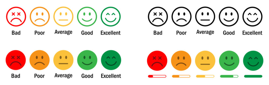 Colorful emoji faces representing customer satisfaction levels from bad to excellent with progress bars. Ideal for surveys, reviews, feedback forms, and rating evaluations in business and service.