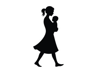 Silhouette of a mother carrying her baby while walking, representing family and nurturing.