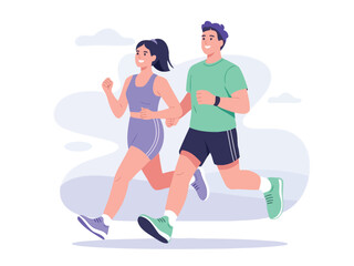 A happy couple enjoys a brisk morning jog together in an outdoor park setting.