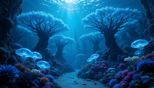 &ldquo;Underwater futuristic garden with blue coral trees and glowing jellyfish-like blossoms.&rdquo;
