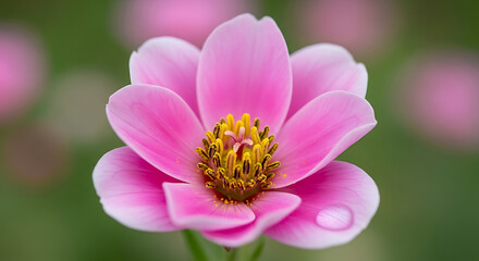 Fototapeta premium Close up of a pink flower with yellow center and a water droplet on a petal