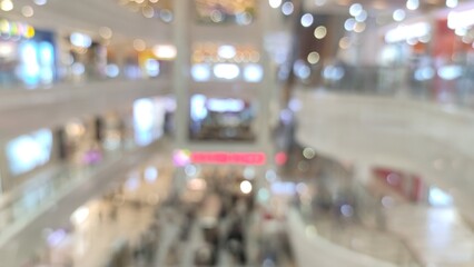 Blurred view of a multi level shopping mall interior with bright lighting and people