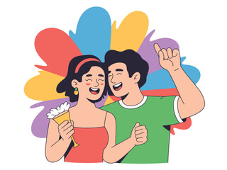 A joyful couple embraces with colorful abstract shapes behind them, celebrating happiness.