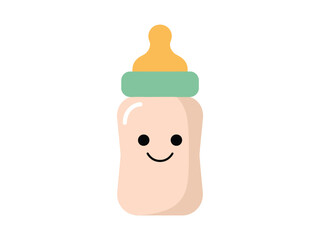 A cute cartoon baby bottle with a smiling face and green ring.