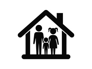 A silhouette of a family standing inside a house icon.