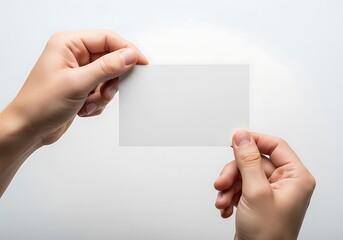 Obraz premium Two hands holding a blank, white, rectangular card or business card mockup, isolated on a white background.