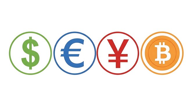 Currency Symbols - Dollar, Euro, Yen, and Bitcoin Icons.