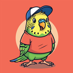 Colorful Parakeet in Red Shirt and Cap Cool Bird Cartoon