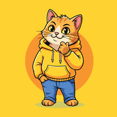 Cool Cat in Yellow Hoodie Playful Cartoon Kitty Character