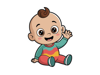 A cute cartoon baby is sitting and waving hello with a happy expression.