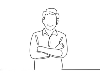 A person with arms crossed and a smile, drawn in a continuous line.