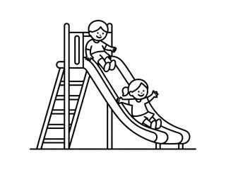 Two children gleefully slide down a playground slide, enjoying outdoor recreation and childhood fun.