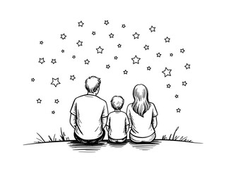 A family sits together looking up at the stars in the night sky.