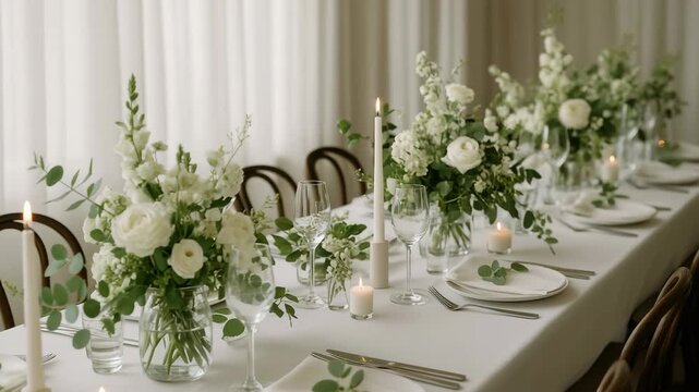 Elegant wedding table setup with white flowers and candles, captured from a side angle. Perfect for a romantic event video backdrop. Live desktop wallpaper.