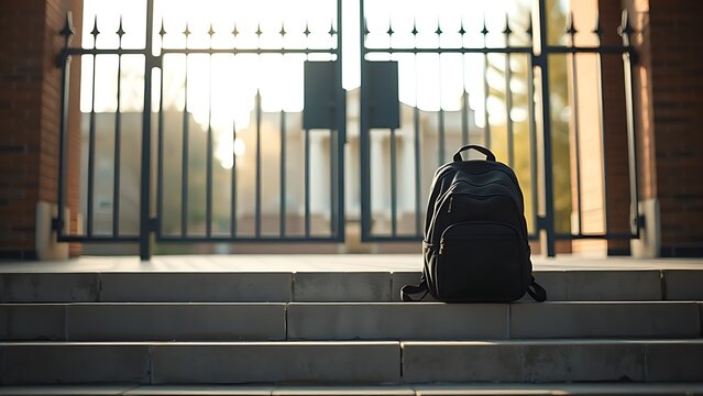 mediocrity. Abandoned backpack on empty school steps as gate closes in melancholic morning light. wellbeing guides, coaching materials, designed for mental health education and mindfulness programs.