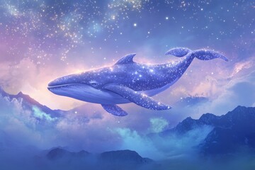 Giant blue whale swimming among stars in a cosmic sky filled with vibrant colors and mountain silhouettes in the background at dawn