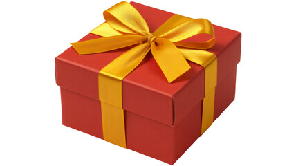 Obraz premium Elegant red gift box tied with a bright golden satin ribbon, perfect for any special occasion celebration or surprise.