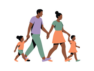 A loving family of four walks hand-in-hand together on a bright day.