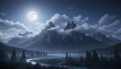 Dramatic moonlit mountain range with a serene flowing river and trees