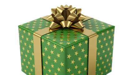 Elegant green gift box adorned with golden stars and topped with a shimmering gold bow ready for joyous celebrations and special occasions.