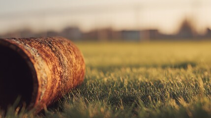 Rusted metal cylinder rests horizontally on vibrant green grass near distant structures